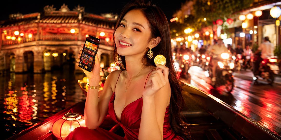 Người dùng xem trang 3ce trên điện thoại trong khung cảnh đêm Hội An